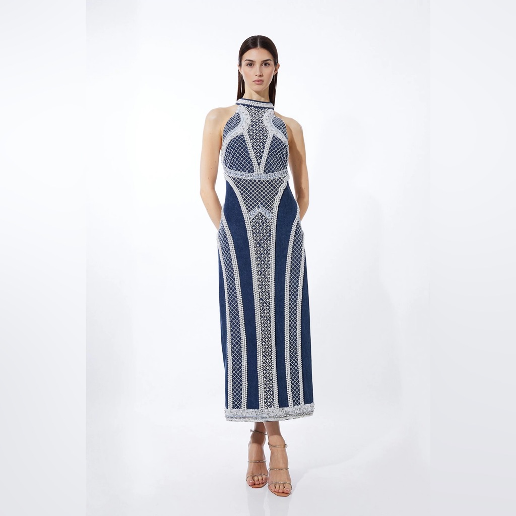 Karen Millen Embellished Pearl Denim Woven Maxi Dress (Nwt)